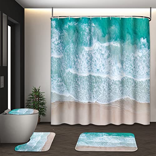 Artsocket 4Pc Shower Curtain Set With Rugs, Summer Beach Bathroom Set With Non-Slip Rug, Toilet Lid Cover, Bath Mat And 12 Hooks 72X72Inches #TOP3