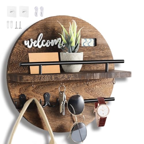 Key-Holder-for-Wall-Key-and-Mail-Holder-Organizer-with-Key-Holder-Wall-Mount-Round-Wooden-Rustic-Home-Decor-for-Entryway-Mudroom-Hallway-Kitchen-Office-Brown