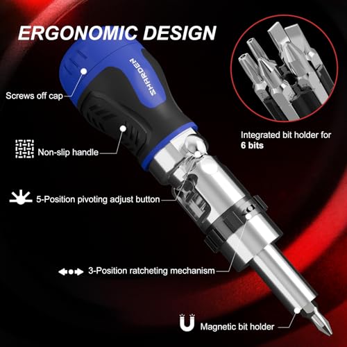 Image of SHARDEN 8 in 1 Stubby Ratcheting Screwdriver Multi Screwdriver Tool All in One with 6 CRV Bits Phillips, Slotted, Torx,180 Degree Pivoting Adjustable Angle Screw Driver Set for Tight Spaces