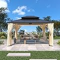 11’x13’ Outdoor Wooden Gazebo - Outdoor Patio Gazebo with Galvanized Steel Double Roof, Cedar Wooden Frame Pavilion with Netting and Curtains, Pergolas for Garden, Lawn, Poolside, Backyard Deck