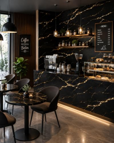Image of Black Marble Self Adhesive Wallpaper, Gold Vein Design, Peel and Stick Vinyl Contact Paper for Kitchen Countertop, Cabinet & Wall Covering (60 x 200 cm)