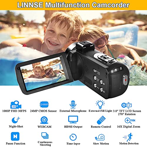 Video Camera Camcorder Full Hd 1080P 30Fps 24.0 Mp Ir Night Vision Vlogging Camera Recorder 3.0 Inch Ips Screen 16X Zoom Camcorders Remote Control With 2 Batteries #TOP5
