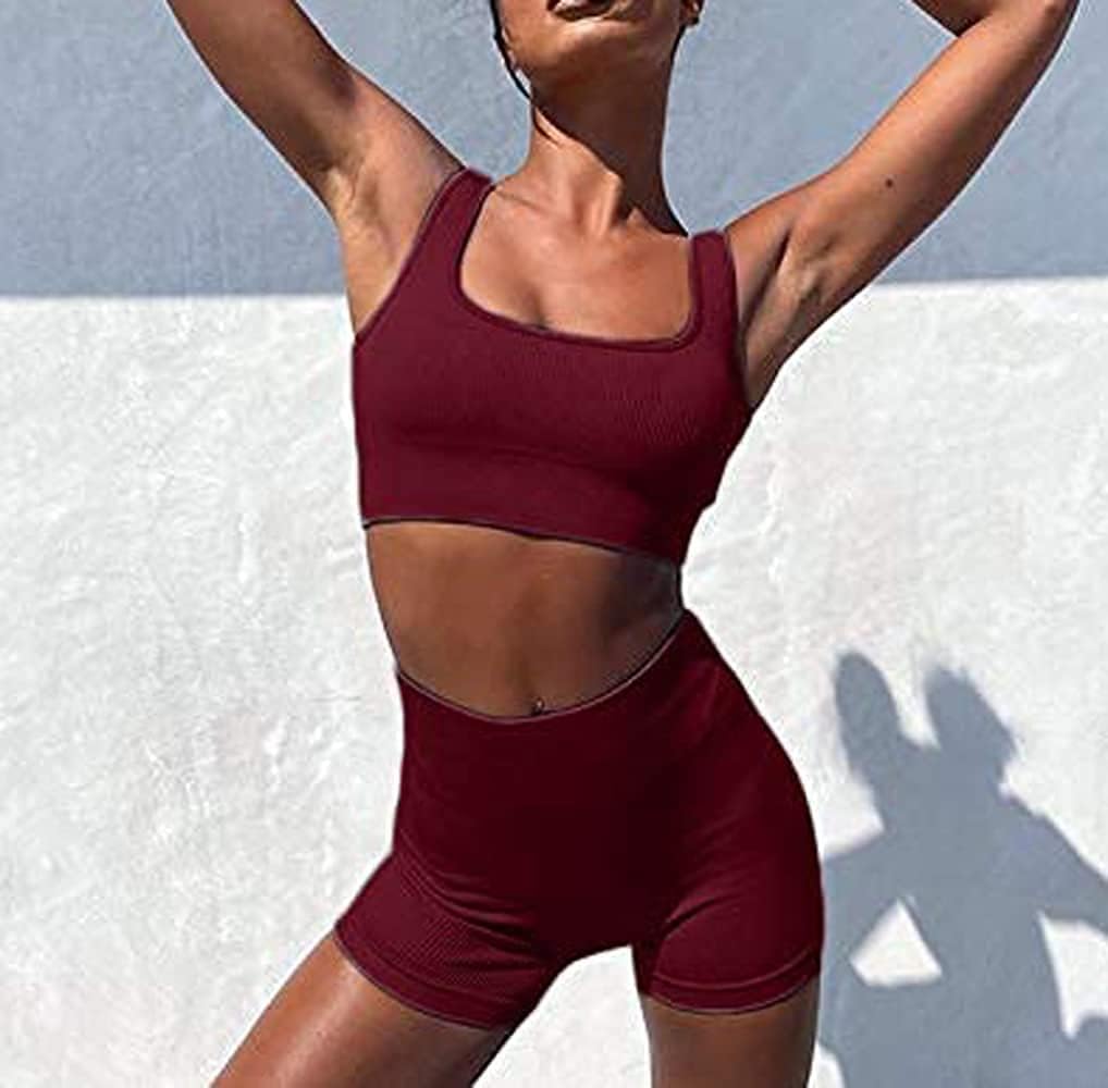 Women's Workout Outfits Ribbed Tank 2 Piece Seamless High Waist Gym Outfit Yoga Shorts Leggings Sets