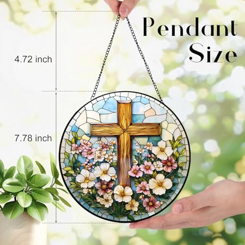 Zizzie Stained Glass Cross Suncatcher - 7.9" Real Glass Wooden-Textured Cross & Flowers Window Hanging, Weatherproof Christian Religious Decor, Sympathy Memorial Easter Gift for Mom Women — view 3