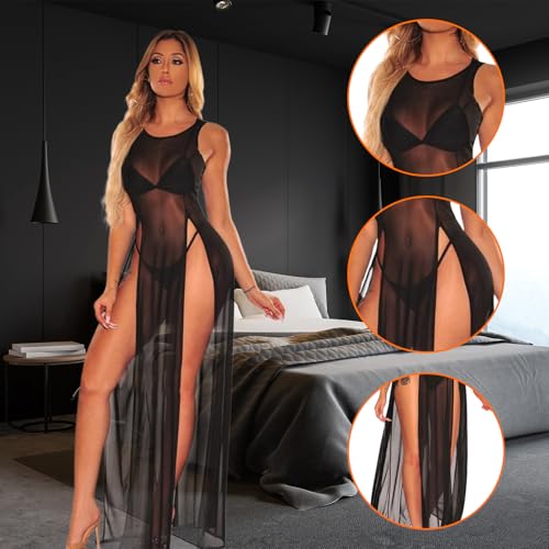 MENUY Sexy Kleid Damen Transparentes Netz- Langkleid Mit Hoher Schlitzöffnung- Strand Cover- Up, Badeanzug Überwurf, Netz- Bikini Kleid & Sommer Strandmode- Elegant Sexy Kleid Für Urlaub & Beach Party-4