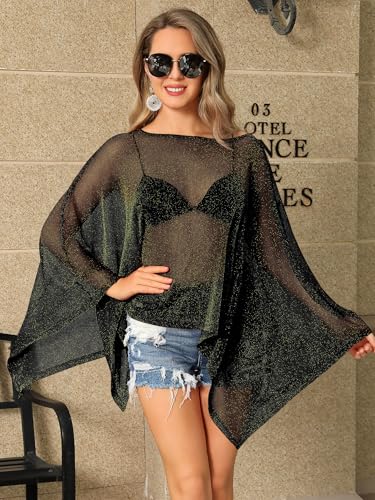 Womens Sparkly Sheer Poncho Top Glitter Mesh See Through Poncho Shawl Batwing Sleeve Asymmetrical Cape Tops Party Club Outfit3