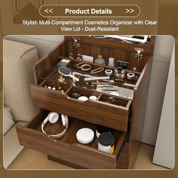 3 in 1 Vanity Desk with Flip Top Lighted Mirror for Bedroom, Small Compact Vanity with Visible Glass Desktop for Cloakroom, Makeup Vanity Set with 3 Drawers, Cushioned Stool,Walnut 23.62L