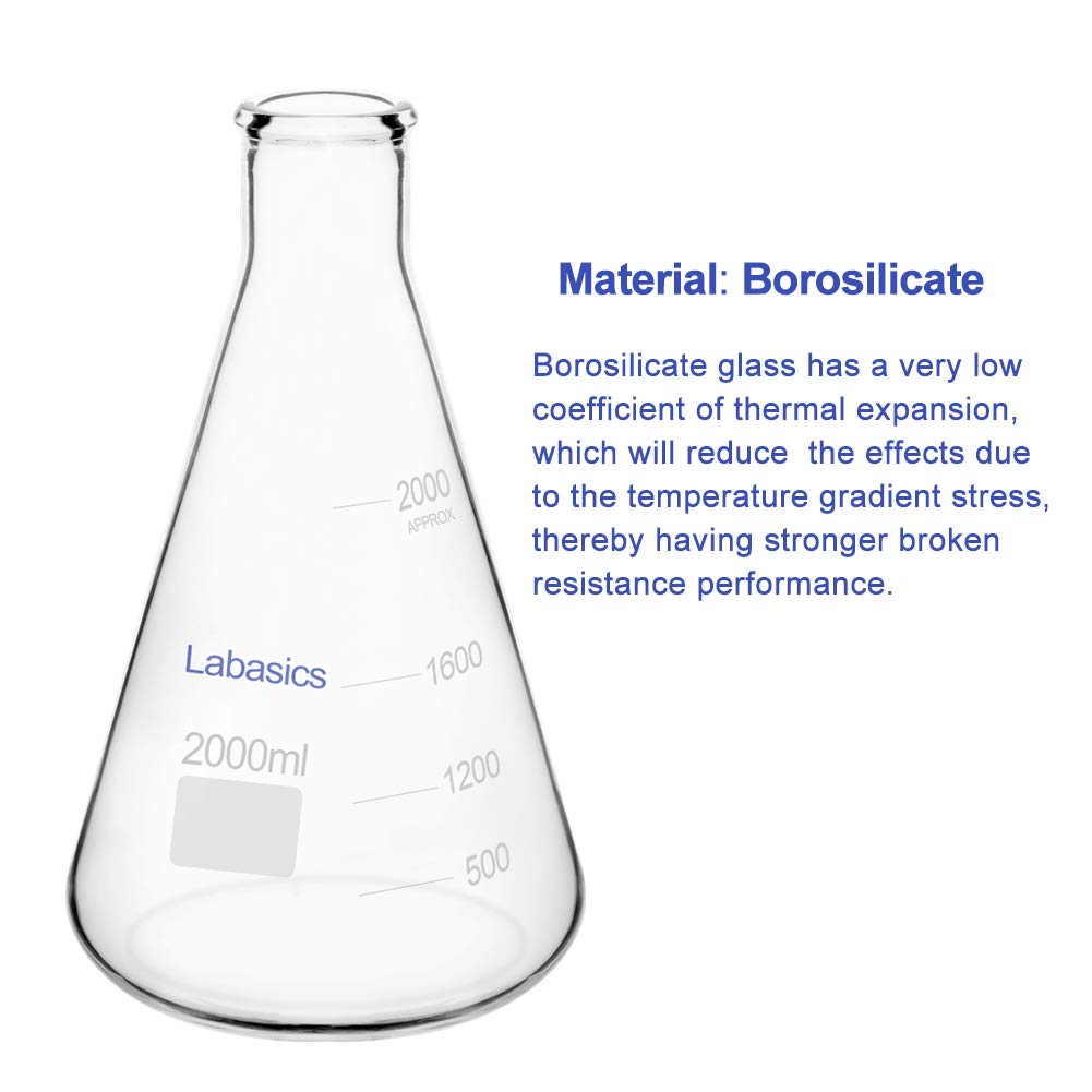 Labasics Matraces Erlenmeyer en Boca Estrecha, Erlenmeyer Flask Matraz de Cristal de Borosilicato con Borde Resistente - 2L