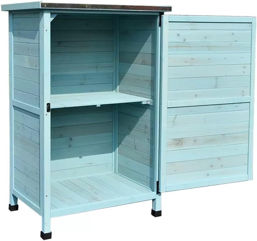 Outdoor Solid Wood Tool Cabinet, Waterproof and Sunproof Garden Tool Shed, Organizing Storage Operating Table for Garden Balcony Patio Rain Shoe Shovel Organizer(Blue)