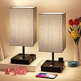 Bedside Lamp, 3 Way Dimmable Touch Control Table Lamp with 2 USB Charging Ports 2 AC Outlet, Nightstand Lamp with Grey Fabric Shade Bedroom Lamp for Bedroom for Living Room, Reading, Office, Set of 2