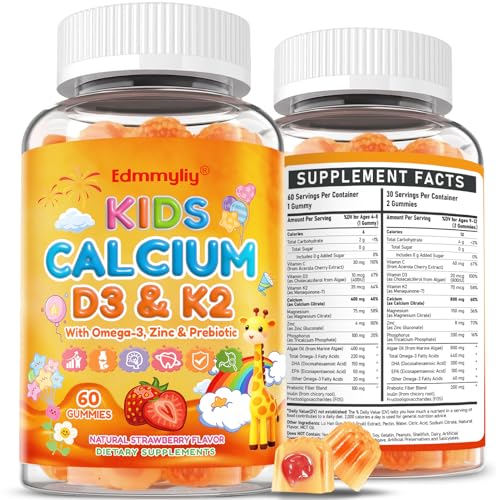 Kids Calcium Gummies with Vitamin D3 K2 - Calcium Citrate with Magnesium Zinc Omega-3 and Probiotics for Kids Bone Health Digestive & Development Support - Sugar Free Gummies Non-GMO Vegan