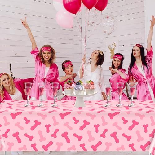 Image of 3pcs Pink Bachelorette Plastic Tablecloth, Naughty Bridal Shower Party Disposable Table Cover Pink Bride to Be Table Cloth Bride to Be Engagement Party Decorations 108 x 54 Inch