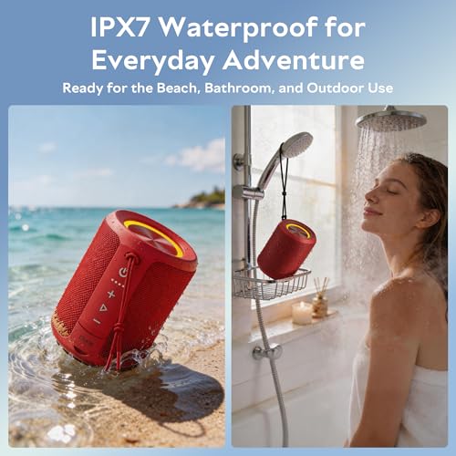 Image of Portable Bluetooth Speaker, IPX7 Waterproof Wireless Speaker with 20W Loud Stereo Sound, 15H Playtime & Beat-Synced RGB Light, Small Outdoor Speaker for Shower, Pool, Beach,Hiking,Gifts(Red)