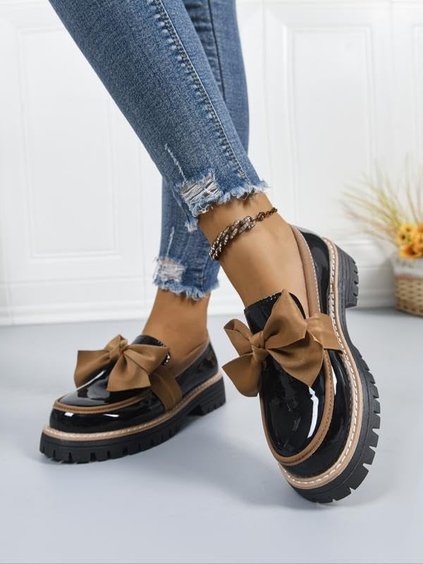 Women's Bowknot Thick Sole Loafers, Work Office Business Casual Spring & Fall Casual Patent Leather Dress Shoes, Cushioned Platform Chunky Heel Lug Sole for Daily Wear - Image 2