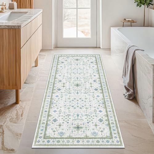 Hazo Haus Washable Oushak Bathroom Runner Rug 2x5 - Eclectic Boho Floral Pastel, Non Slip Low Pile