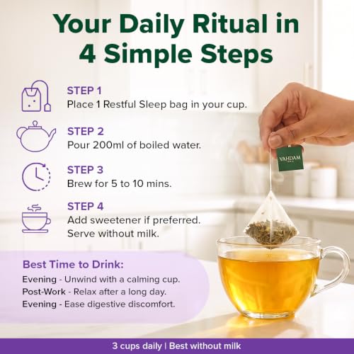 Image of VAHDAM Restful Sleep Herbal Infusion | Promotes Deep Sleep & Helps with Insomnia, Snoring | Caffeine Free | 8-Herb Blend | 30 Tea Bags
