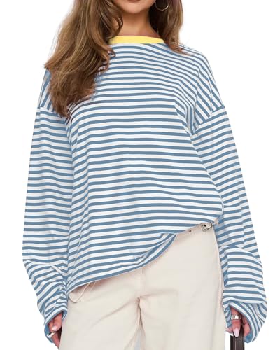 Image of LEEDYA Women's Striped Oversized Sweatshirt Long Sleeve Crewneck Pullover