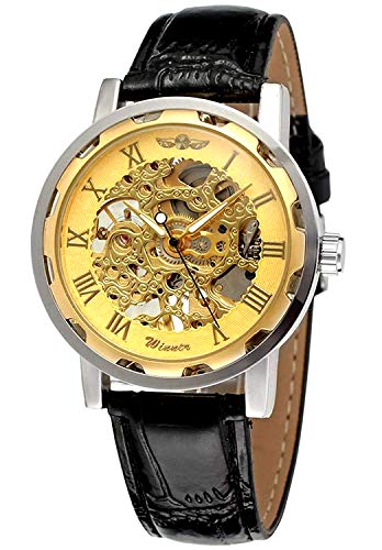 New Brand Mall Men's Mechanical Elegant Skeleton Dial Wrist Watch, (Gold-Black)
