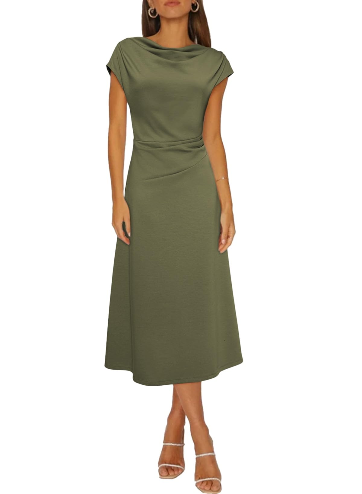 Happy Sailed Women's Spring Summer Short Sleeve Cowl Neck Ruched Waist Flowy A Line Midi Dresses Party Cocktail Dress