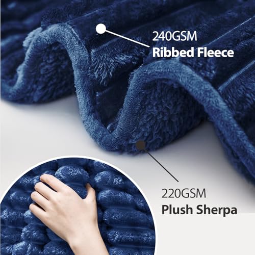 Image of Ultra-Soft Weighted Blanket for Adults(15 lbs, 60 inch x 80 inch Queen Size) 3D Striped Sherpa Fleece Reversible Heavy Blanket with Glass Beads, Perfect for 140-190 lbs, Machine Washable, Navy Blue