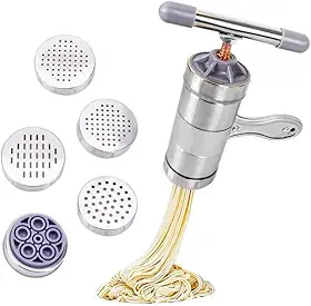 Máquina de fazer macarrão manual, máquina de fazer macarrão de aço inoxidável, para frescos e finos espaguetes, máquina de fazer macarrão, utensílios de cozinha (5 moldes)