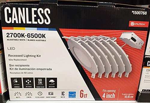 Utilitech Canless Color Choice 4-in 50-Watt Equivalent White Round Dimmable Recessed Downlight (6-Pack), 4 Inches, (LLEDR4XT5CCT6) -  1500768