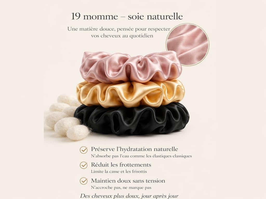 Éclat de Soie - Coffret de 3 chouchous XL en 100% soie de mûrier 19 Momme - Nuances Intemporelles - Idée cadeau femme - Tous types de cheveux- Maintien doux - Idéal rituel cheveux
