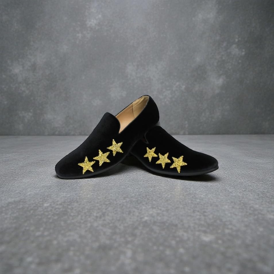 Slip On Mens Black Velvet Dress Loafers with Gold Or Silver Rhinestone Stars - Image 2