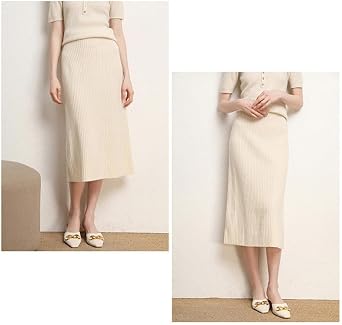 Women's Ribbed Knit Sweater Skirt, Wool Blend High-Waist Elastic Mid-Length Skirt for Winter & Fall