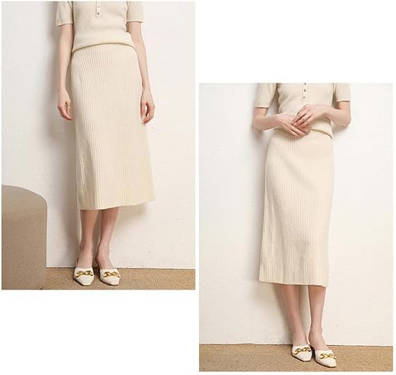 Women's Ribbed Knit Sweater Skirt, Wool Blend High-Waist Elastic Mid-Length Skirt for Winter & Fall