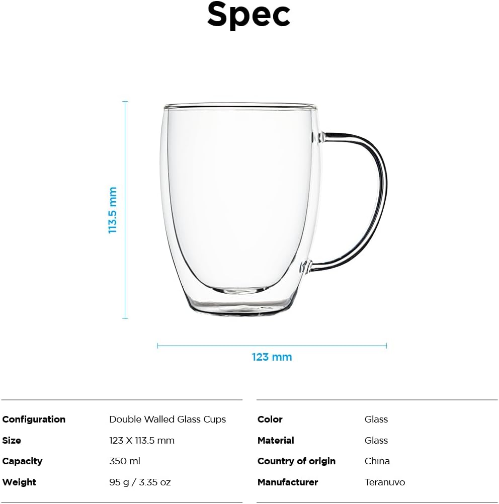 TERANUVO Double Walled Glass Cups, 2 Pack, 12oz, Glass Coffee Cups, Insulated Layer Coffee Mugs, Microwave & Oven Safe, BPA Free, Lightweight - Pefect for Wine, Tea, Latte, Espresso