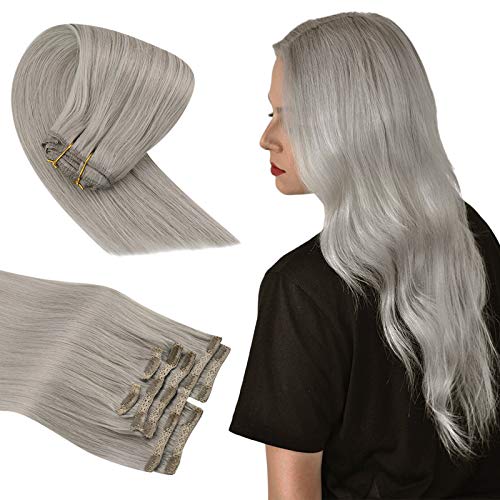 Sunny Clip in Hair Extensions Grey 14inch Real Hair Clip in Grey Human Hair Remy Clip in Hair Grey Color Hair Extensions Full Head7pcs 100g