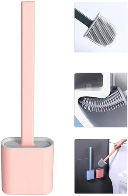 Flat Silicone Toilet Brush with Holder, Flaxible Silicon Toilet Brush and Holder Set for Bathroom