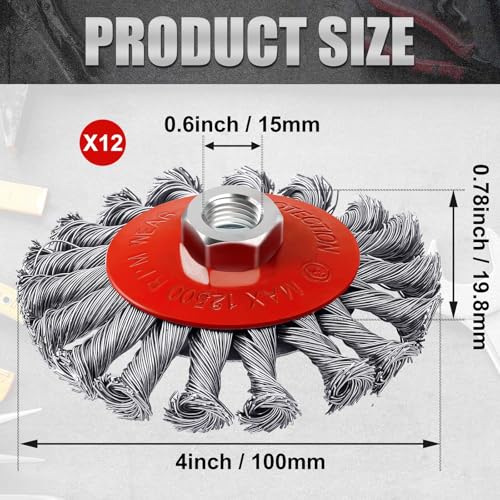 Image of Tioncy 12 Pack Wire Wheel for Angle Grinder, for 4-1 /2 inch Angle Grinder with 5 /8 inch-11 Arbor, Heavy Duty Carbon Brushes for Rust Removal Heavy Cleaning Polishing(Red,Knotted Wire Wheel Brush)