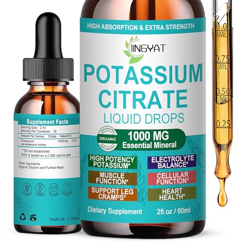 Potassium Supplement Liquid Drops, High Absorption Potassium Citrate 1000mg for Muscle Heart Electrolyte Balance and Normal pH Support*, Essential Mineral Drops, Non-GMO, 30 Servings