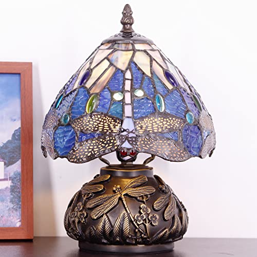 Rhlamps Small Tiffany Lamp W8H11 Inch Navy Dragonfly Style Stained Glass Table Lamp Bronze Mushroom Type Bedside Lamp Mini Accent Lamp Decor Bedroom #TOP5