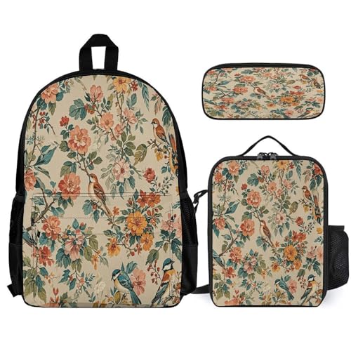 3-in-1 Backpack Combination Set Bird Floral Print 3Pcs Backpack Sets Travel Daypack with Lunch Bag And Cosmetic Bag