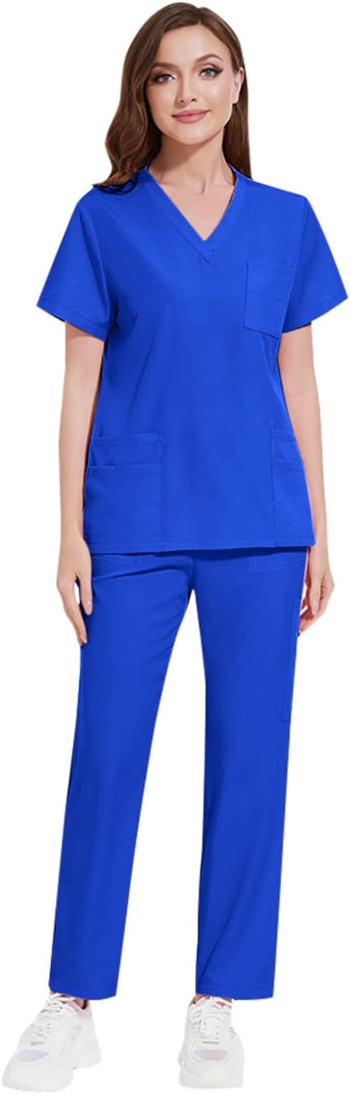 Scrub Sets for Women Uk Uniform Healthcare Hospital Workwear Nurses Top Office Work Set for Ladies Scrub Set Women Uniform Healthcare Beauty Tunic Work Tops Care V-Neck Short Sleeve Spa Nail Salons