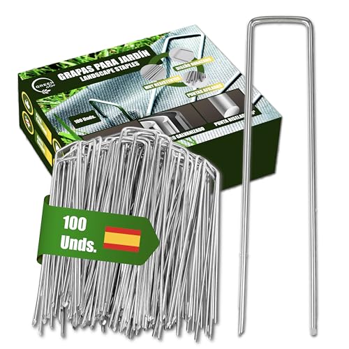 GREENGOF Grapas para Malla Antihierba, Cesped Artificial y Jardin, 100Unds - Acero Galvanizado, 15x4cm, Ø3mm - Ultra Resistentes y Anticorrosivas - Piquetas de Jardín, Anclaje al Suelo.