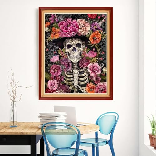 Image of Magxvouy Cross Stitch Kits Stamped Full Range of Embroidery Kits,Cross Stitch Patterns Needlework Kits for Beginners 11CT Printed Kits&Skeleton Flowers 16x20 inch