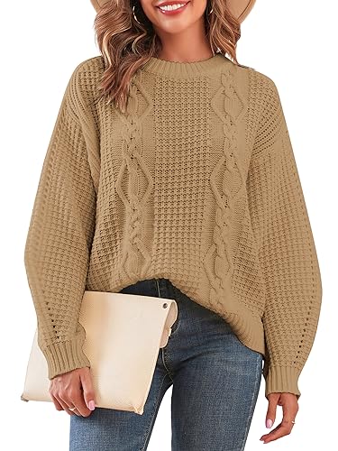Image of ZAFUL Womens Sweater Cable Knit Oversized Sweaters Crewneck Long Sleeves Casual Knit Pullover Tops