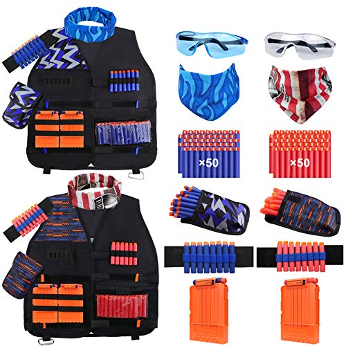 Tactical Vest Kit 2-Pack for Nerf Guns N-Strike Elite Series with Refill Darts, Dart Pouch, Reload Clips, Tactical Mask, Wrist Bands and Protective Glasses Outdoor Games for 6-12 Year Boys Girls