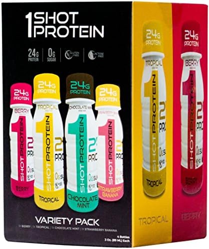1Shot Protein, 2 Flavor Variety Pack, 24g Protein in a Pocket-Sized Shot, 0g Sugar, 96 Cals, Gluten-Free, Lactose-Free, 3 Fl Oz (Pack of 4)
