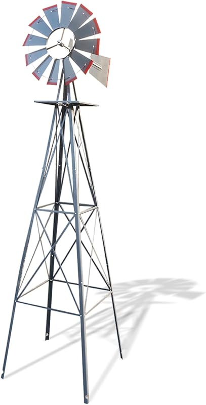 8FT Gray Metal Ornamental Windmill Weather Vane | Heavy duty weather resistant outdoor decor, ideal for garden, yard, farm and seaside landscape decoration