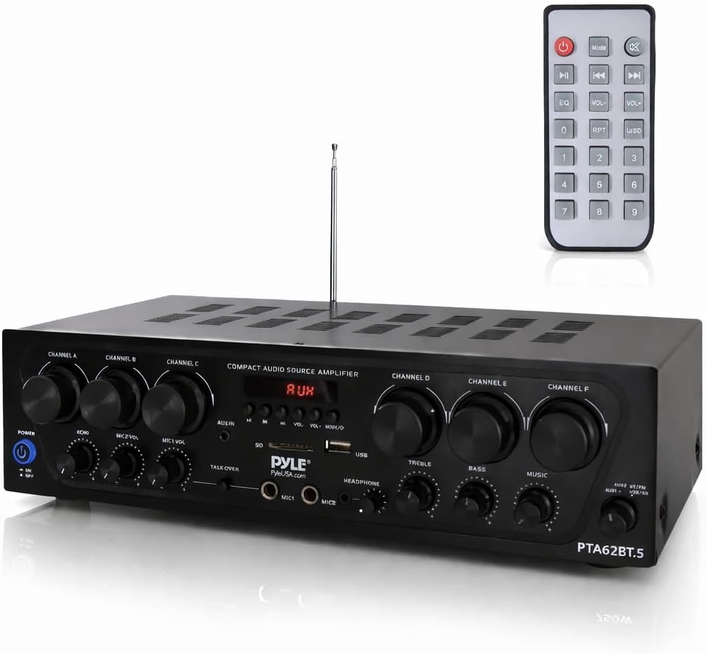 Wireless Bluetooth Home Audio Amplifier System-Upgraded 6 Channel 750 Watt Sound Power Stereo Receiver w/USB, Micro SD, Headphone,2 Microphone Input w/Echo, Talkover for PA - PTA62BT.5