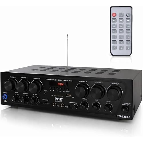 Pyle Bluetooth Wireless Home Amplifier System - Upgraded 6 Channel Audio, 750 Watt Power, Easy Karaoke, Stereo Receiver w USB-A, Micro SD, Headphone, 2 Microphone Input w/Echo, Talkover for PA