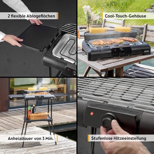 TZS First Austria - Elektro Standgrill 2200W - 2-in-1 Tischgrill mit Windschutz - Stufenloser Hitzeregler - Rauchfreies Grillen mit 2 Seitentischen - Balkon & Tischgrill - Schwarz 4