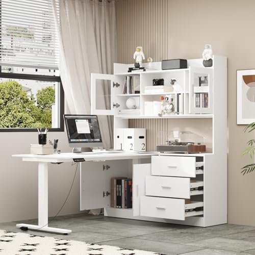 Hitow Electric Standing Desk with Bookshelf, L Shaped Computer Desk with Storage, Height Adjustable Stand up Office Table, 59" W Large Workstation with Bookcase, White (29"-44.5" H) - Thumbnail 2