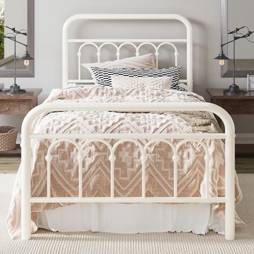 Allewie Twin Size Metal Platform Bed Frame with Headboard, White