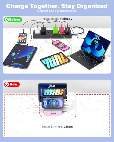 Image of MSTJRY Charging Station for Multiple Devices : 5 Port Multi USB-A Charger Stations Multi-Device Organizer Charging Dock Designed for iPhone iPad Cell Phone Tablets (7 Short Cables Included), Pink